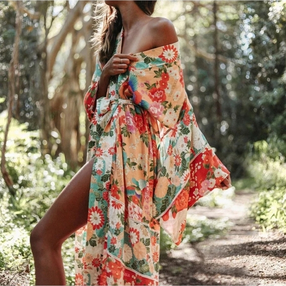 New Boho Gypsy Floral Sheer Chiffon Kimono Robe Duster Red Peach Teal - Picture 2 of 11